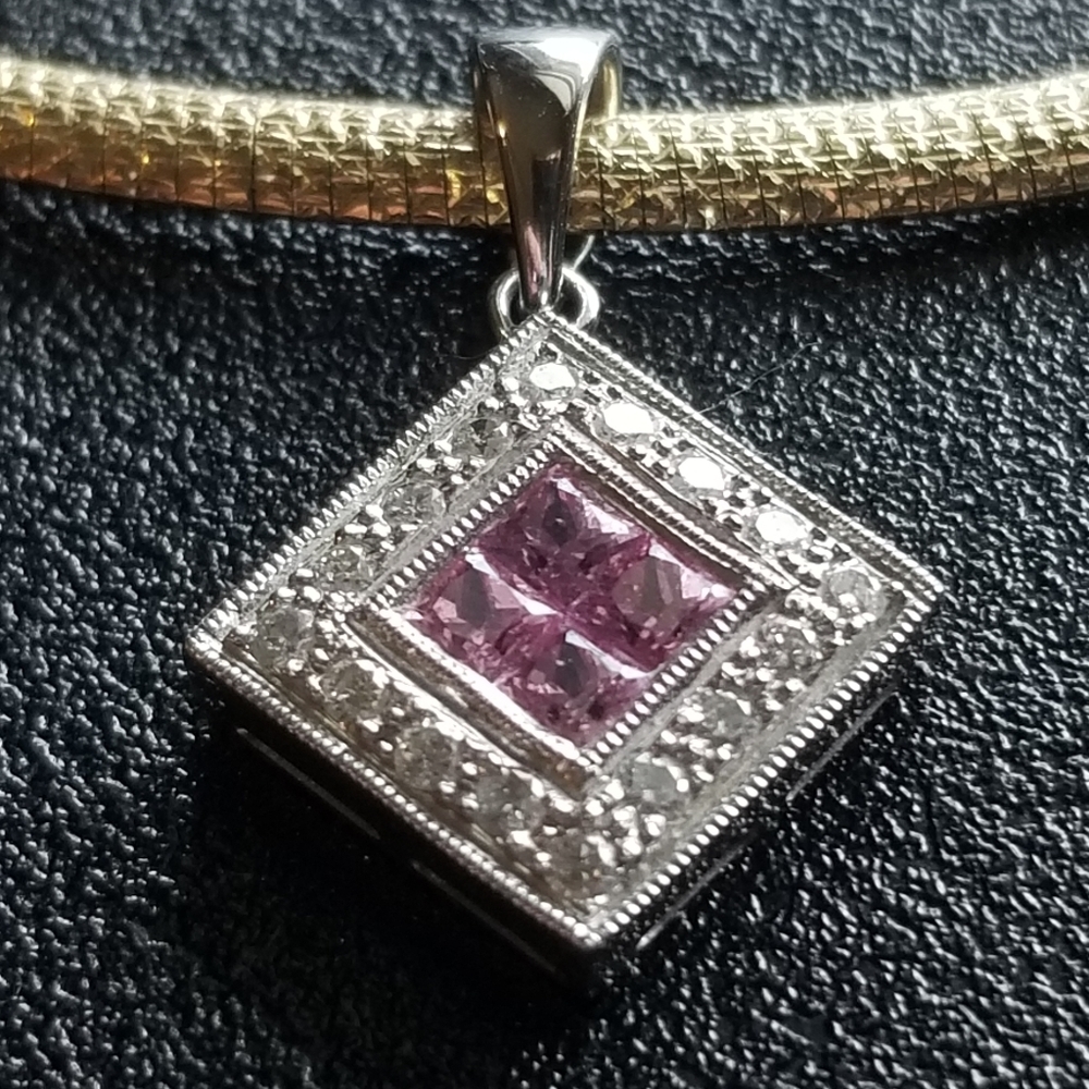 Yellow/White 14k Reversible Omega Chain with Diamond and Pink Sapphire Pendent